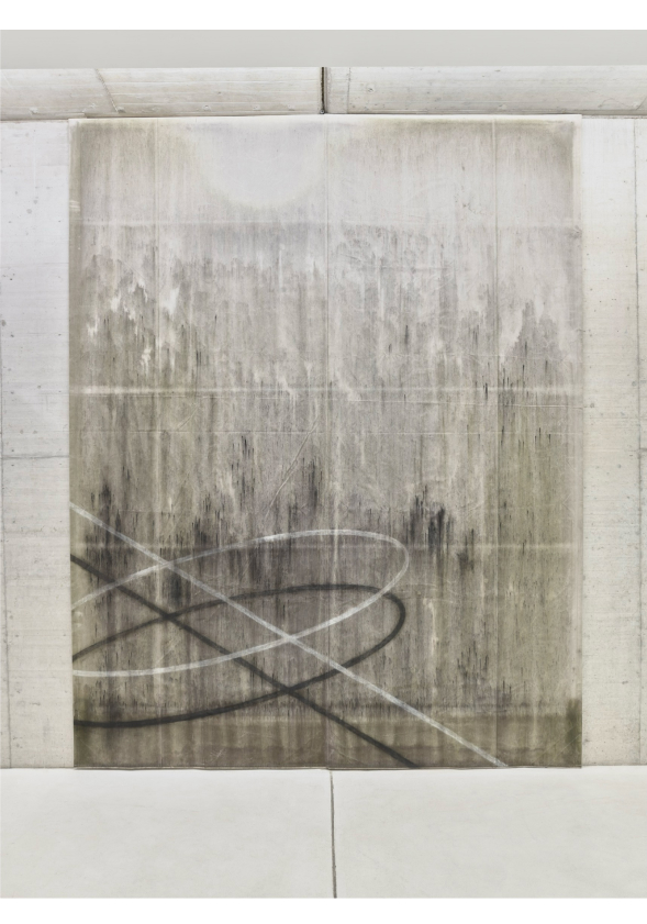 „Spielfeld“  2023  Bleiche auf Baumwolle Stoff, 180x120cm. 